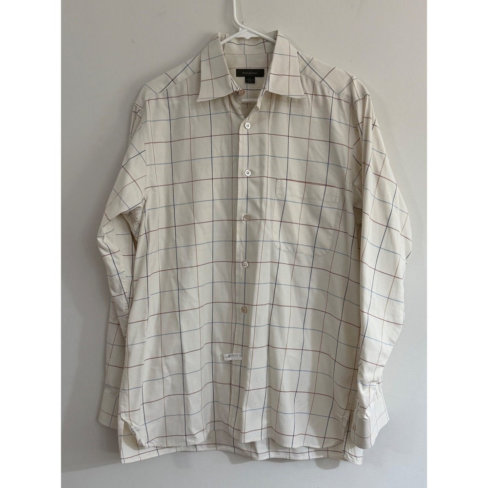 Ermenegildo Zegna Mens Cream Windowpane Check Button Down Shirt Large Italy
